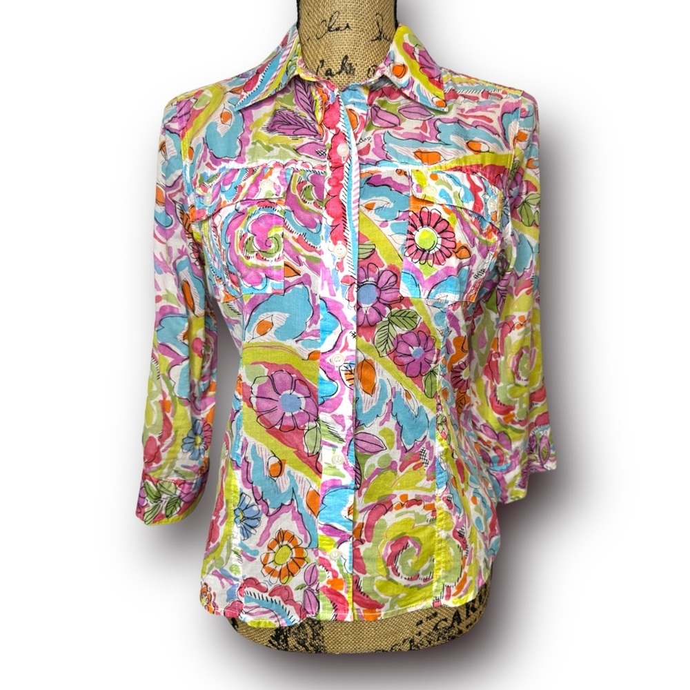 Liz Claiborne Size Petite Small Pastel Watercolor Lightweight Floral Button Down